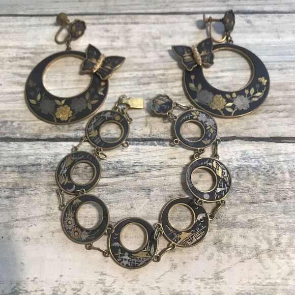 Japanese‎ Damascene Kyoto Inlay Bracelet Earrings Set 24k gold sterling silver - Picture 1 of 12